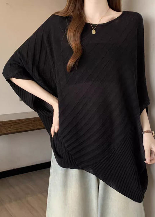 Loose Black O-Neck Asymmetrical Knit Top Batwing Sleeve