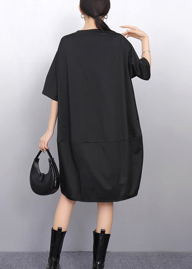 Loose Black O Neck Floral Solid Dress Half Sleeve