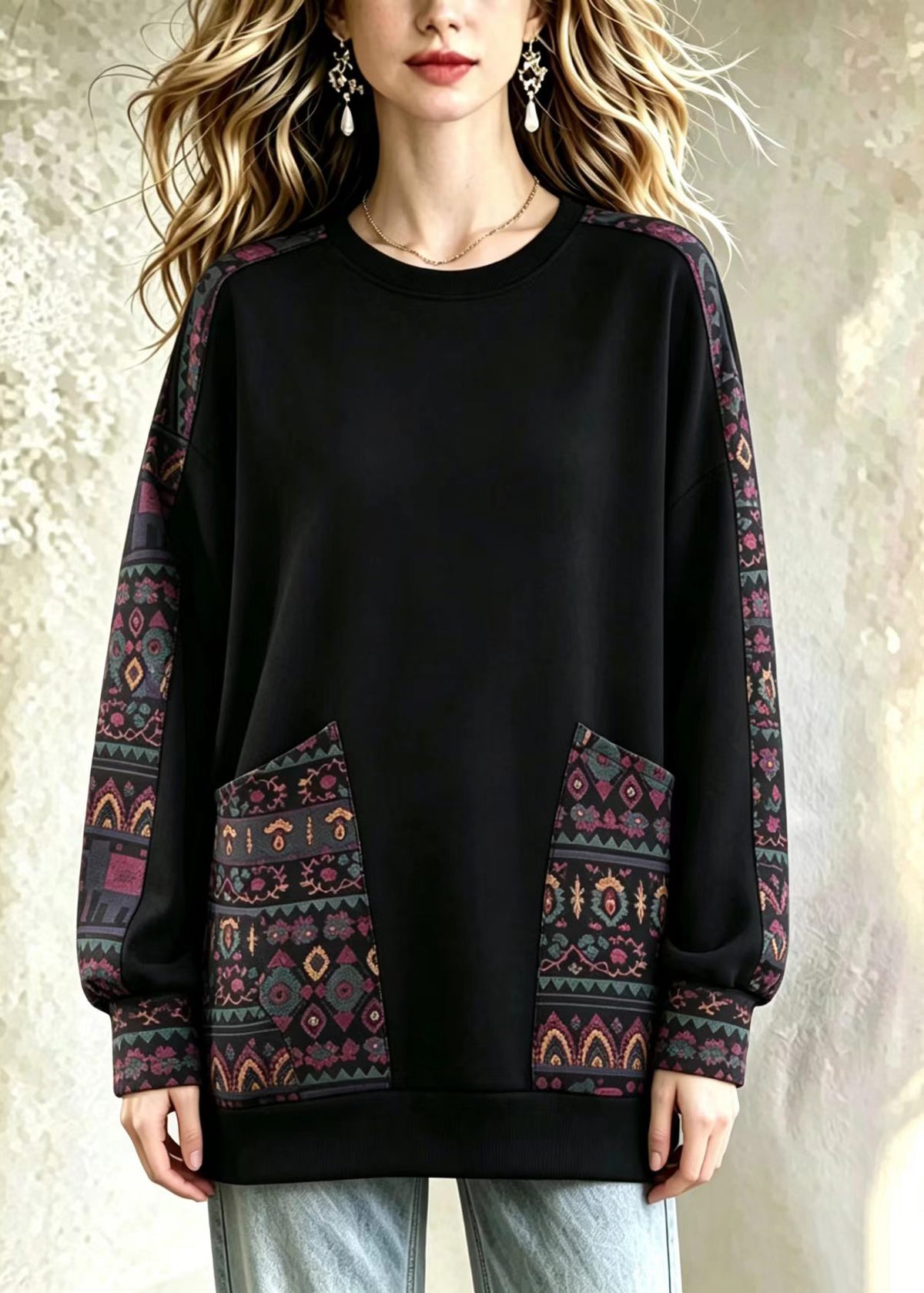 Loose Black O-Neck Pockets Print Sweatshirts Top Fall