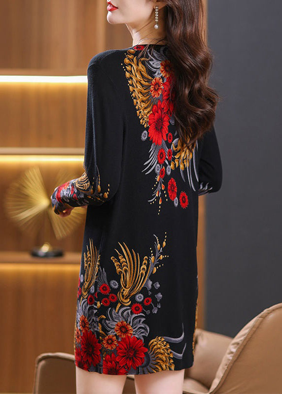 Loose Black O Neck Print Wool Knit Sweaters Dress Long Sleeve