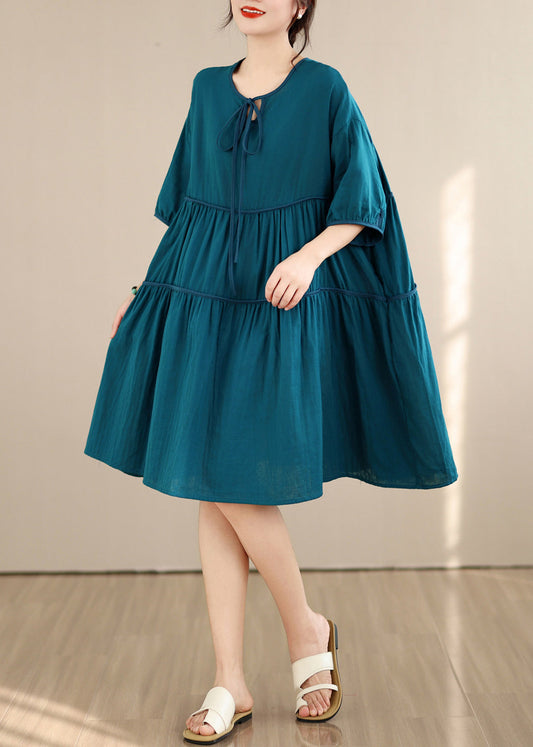 Loose Black O Neck Wrinkled Patchwork Cotton Mid Dress Summer