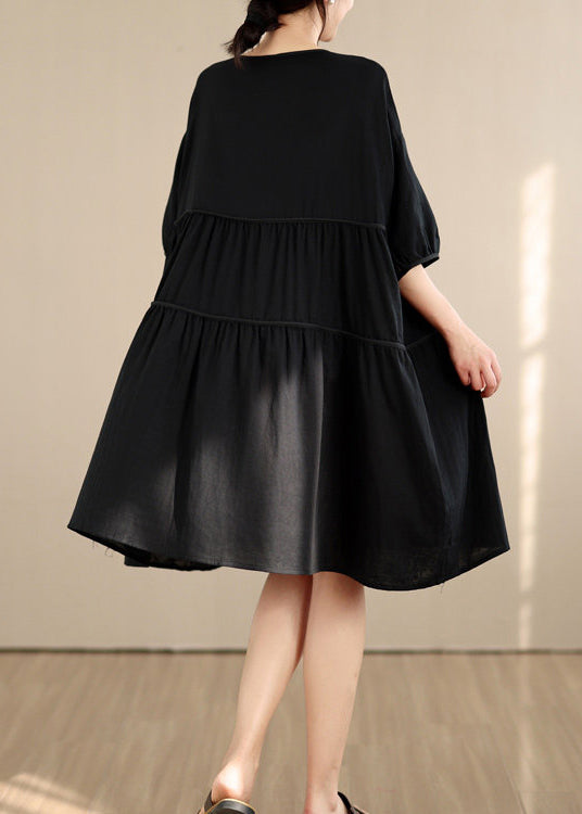 Loose Black O Neck Wrinkled Patchwork Cotton Mid Dress Summer