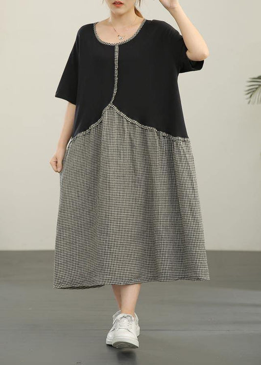 Loose Black Patchwork Plaid asymmetrical design Dresses Summer Cotton Linen - SooLinen