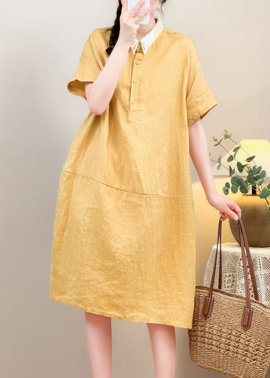 Loose Black Peter Pan Collar Button Patchwork Linen Cotton Dress Summer