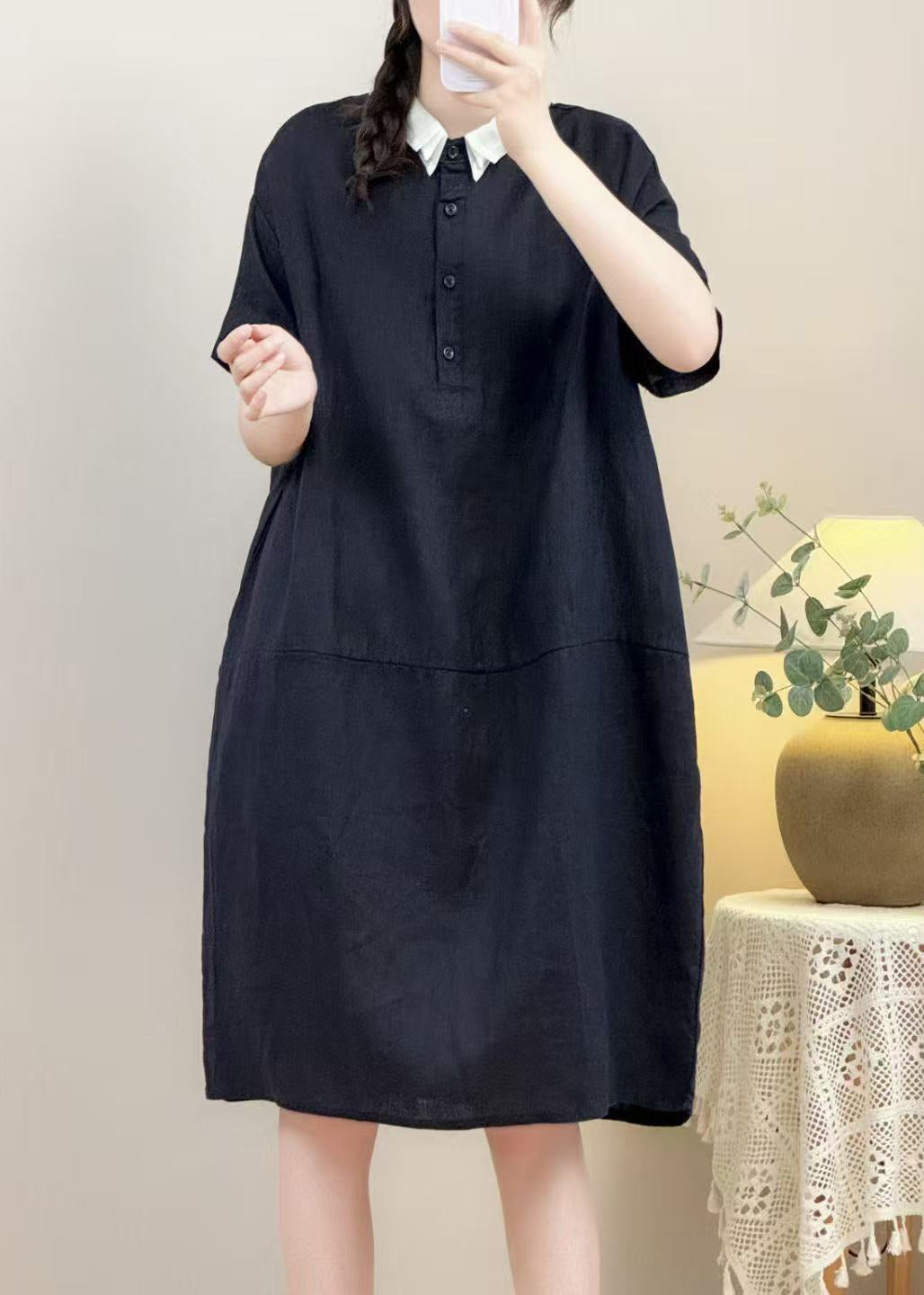 Loose Black Peter Pan Collar Button Patchwork Linen Cotton Dress Summer