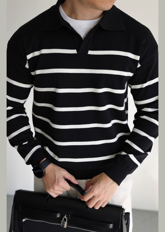 Loose Black Peter Pan Collar Striped Knit Men Sweater Spring