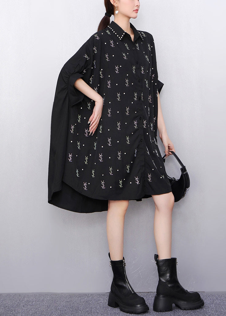 Loose Black Peter Pan Collar Zircon Cotton Shirts Dress Batwing Sleeve