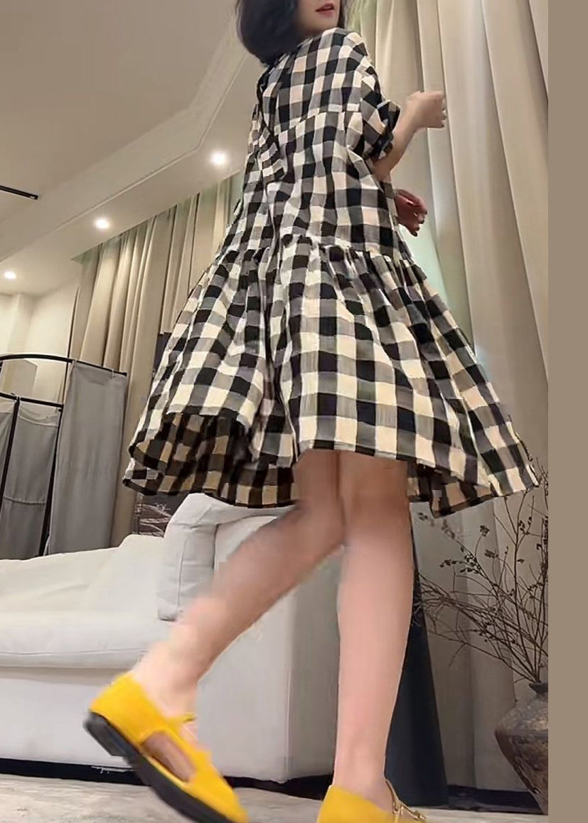 Loose Black Plaid Pockets Cotton Dress Half Sleeve
