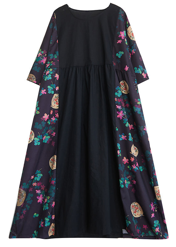 Loose Black Print Patchwork Long Dresses Half Sleeve
