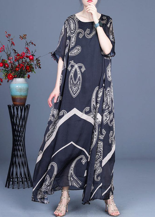 Loose Black Print Short Sleeve Silk Ankle Dress Summer - SooLinen