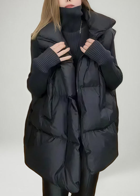Loose Black Stand Collar Oversized Fine Cotton Filled Vest Winter