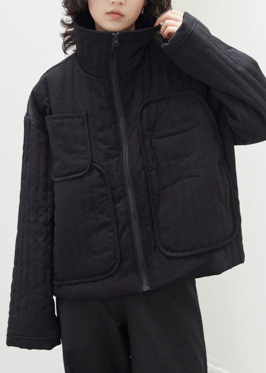 Loose Black Stand Collar Zippered Pockets Parka Fall