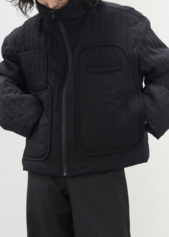 Loose Black Stand Collar Zippered Pockets Parka Fall