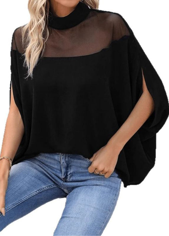 Loose Black Turtleneck Solid Tulle Patchwork T Shirts Batwing Sleeve