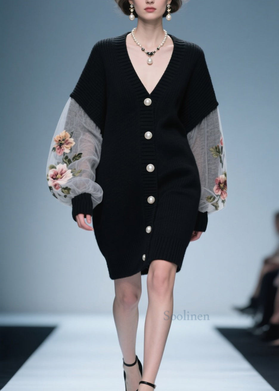 Loose Black V Neck Floral Button Patchwork Knit Coat Fall
