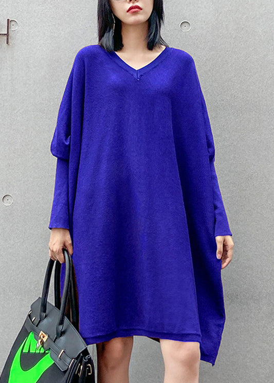 Loose Black V Neck Patchwork Knit Dress Batwing Sleeve