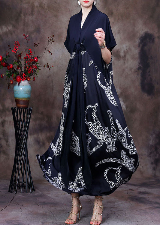 Loose Black V Neck Patchwork Print Silk Vacation Long Dress Short Sleeve
