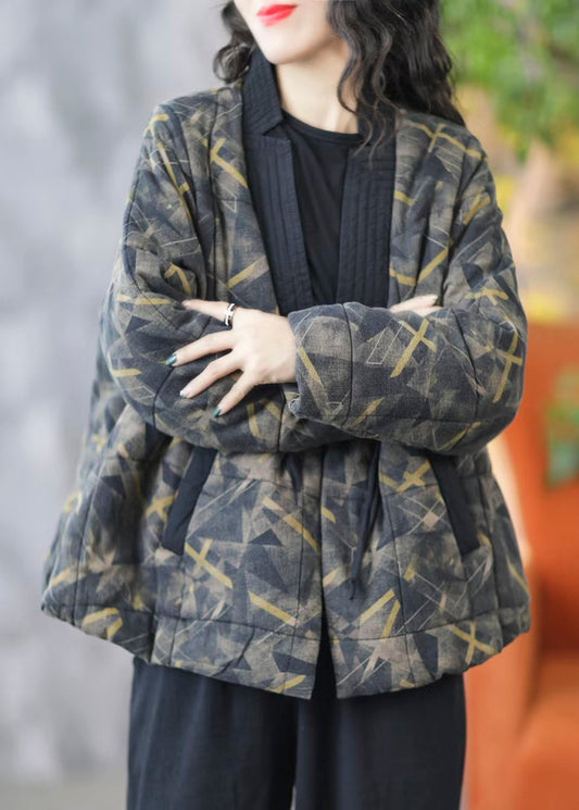 Loose Black V Neck Pockets Patchwork Fine Cotton Coat Spring