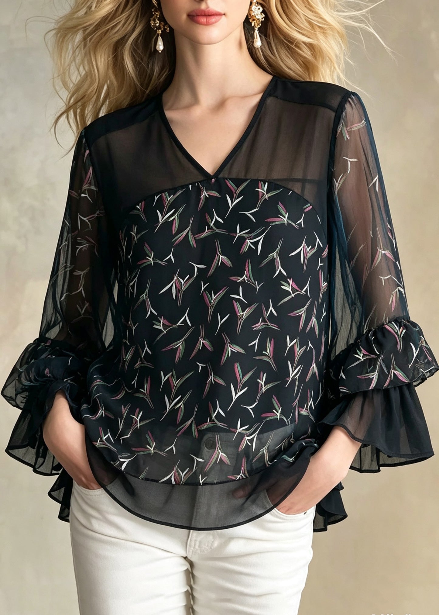 Loose Black V Neck Print Chiffon Tops Ruffled Flare Sleeve