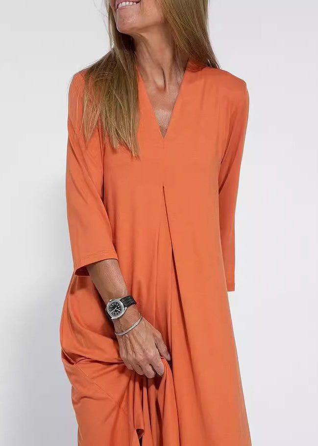 Loose Black V Neck Side Open Cotton Long Dress Bracelet Sleeve