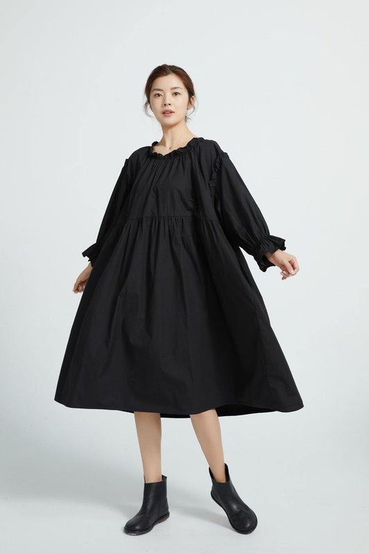 Loose Black cotton Tunics High Waist Loose Dress - SooLinen