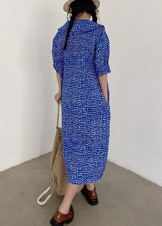 Loose Blue Button Print Pockets Cotton Shirts Dress Summer