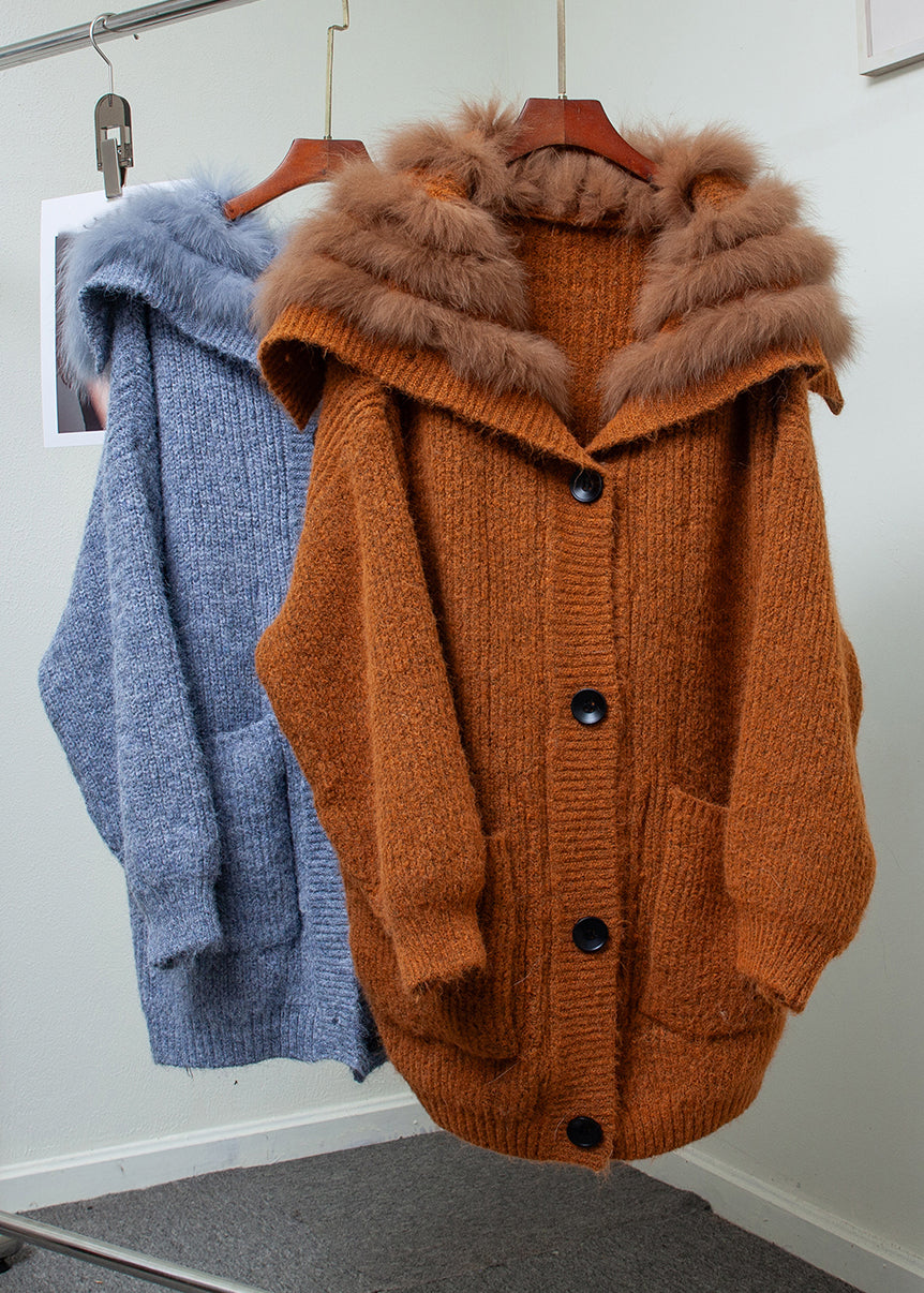 Loose Blue Fox Collar Button Pockets Patchwork Knit Coats Winter