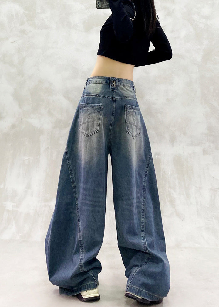Loose Blue High Waist Patchwork Denim Curved Blade Pants Fall
