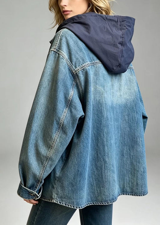 Loose Blue Hooded Patchwork Drawstring Denim Coat Fall
