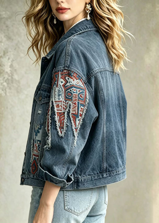 Loose Blue Jacquard Patchwork Denim Jacket Fall