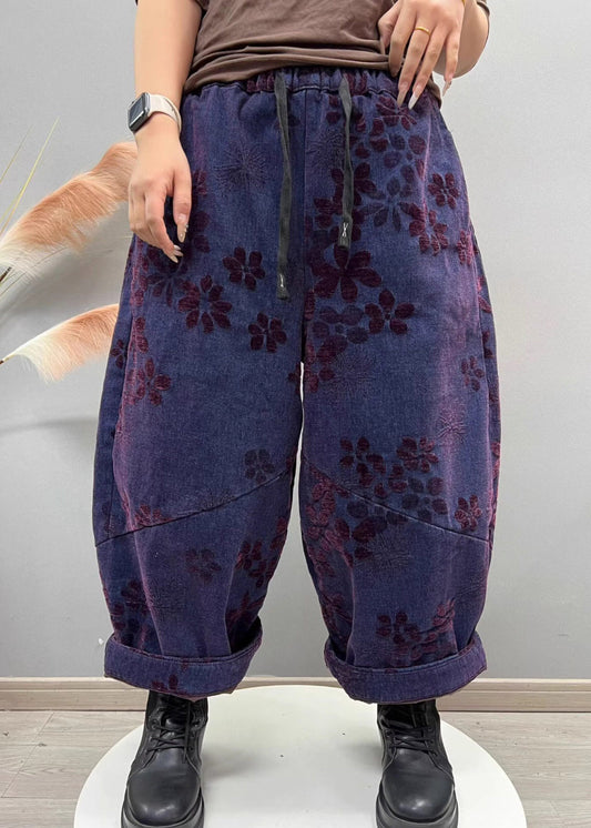 Loose Blue Jacquard Pockets Elastic Waist Denim Crop Pants Fall