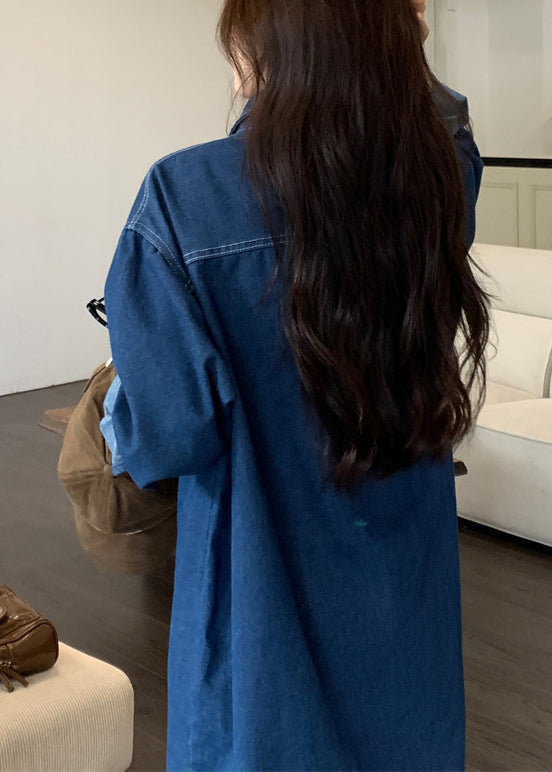 Loose Blue Peter Pan Collar Button Denim Shirts Dresses Spring