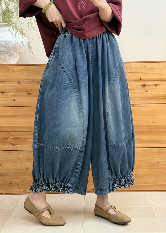 Loose Blue Pockets Patchwork Denim Lantern Pants Fall
