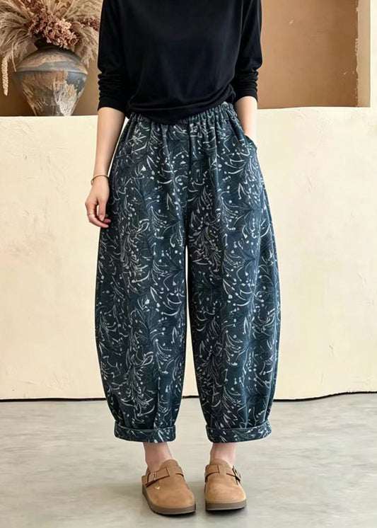 Loose Blue Pockets Print Elastic Waist Lantern Crop Pants Fall