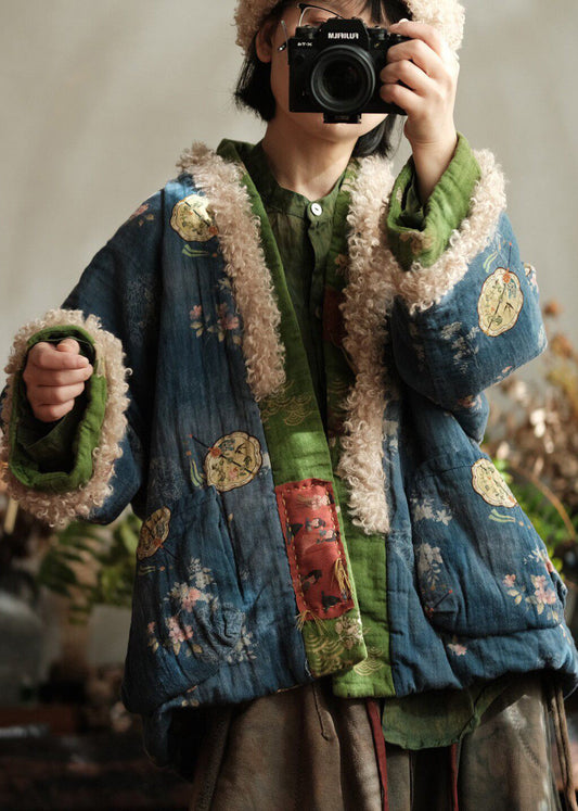 Loose Blue Pockets Print Faux Fur Patchwork Fine Cotton Filled Jacket Winter