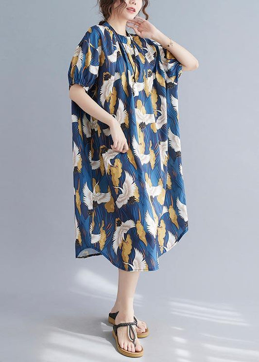 Loose Blue Print Cotton O-Neck Loose Summer Mid Dress - SooLinen