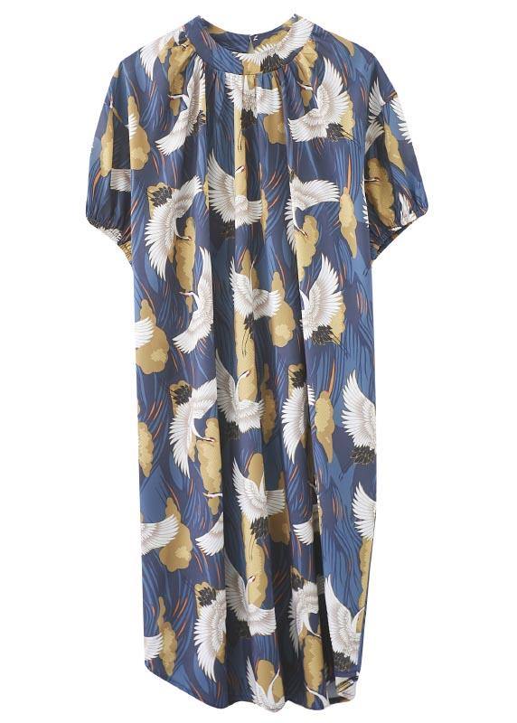 Loose Blue Print Cotton O-Neck Loose Summer Mid Dress - SooLinen