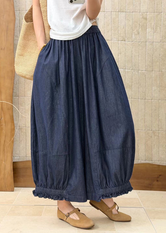 Loose Blue Ruffled Pockets Patchwork Denim Wide Leg Pants Fall