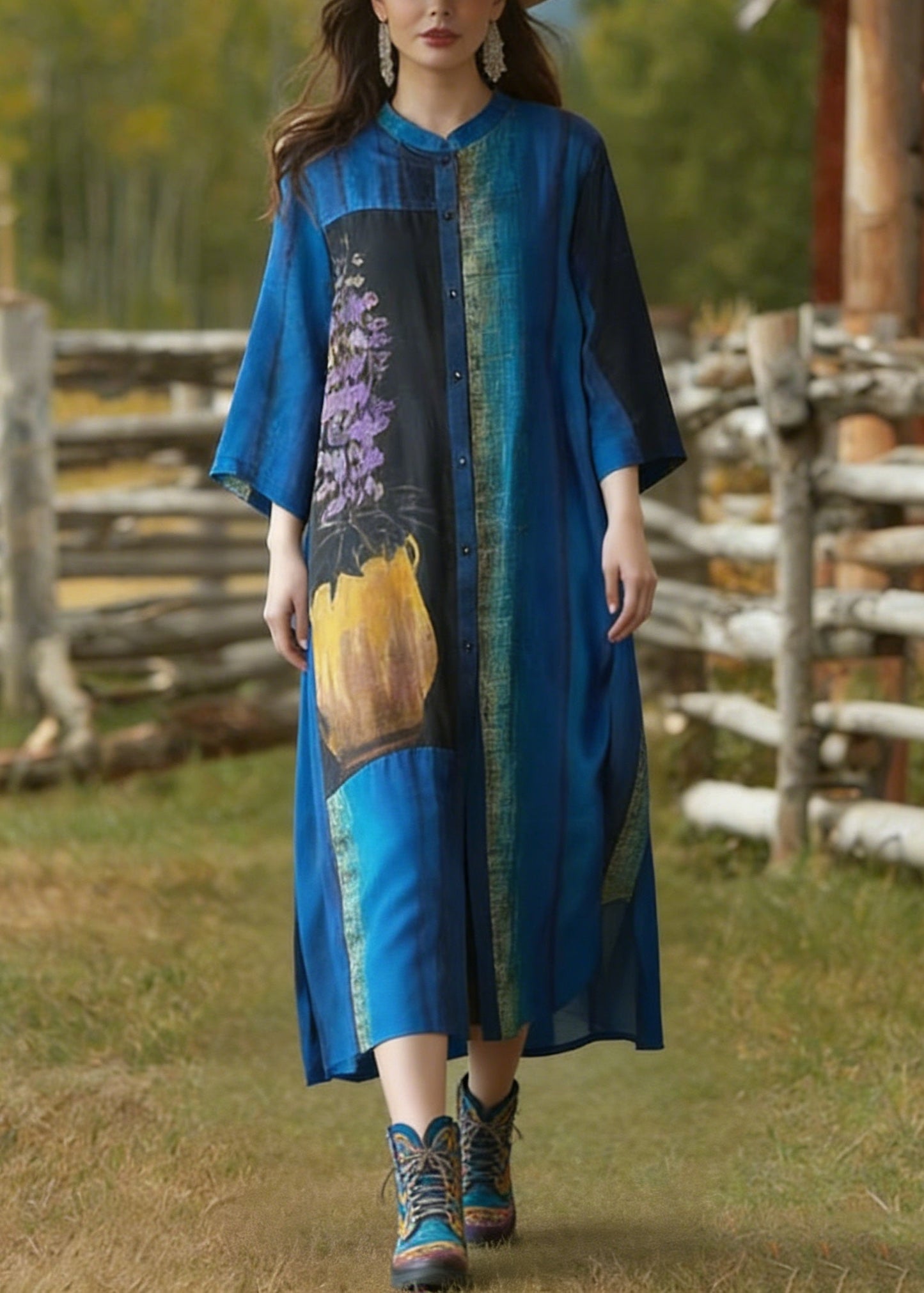 Loose Blue Stand Collar Button Print Silk Cardigans Summer