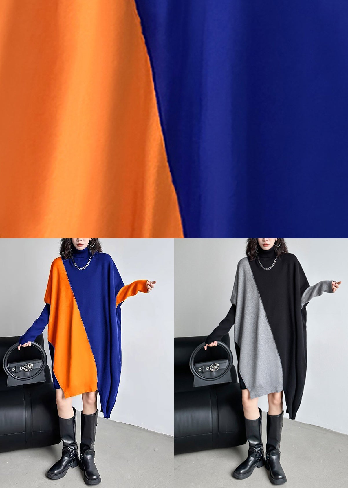 Loose Blue Turtleneck Cozy Patchwork Knit Dress Batwing Sleeve