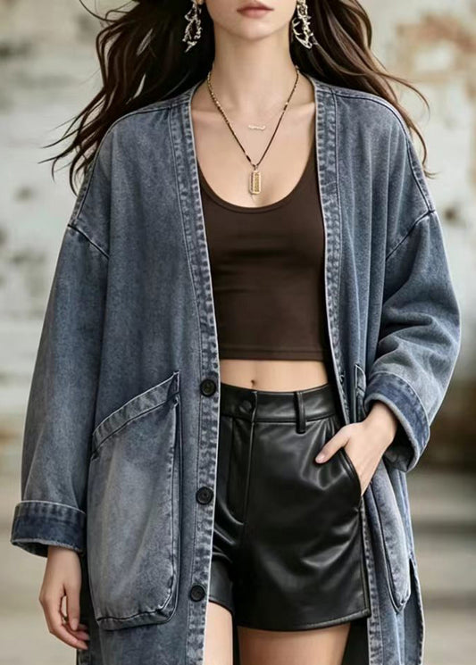 Loose Blue V Neck Big Pockets Side Open Denim Coats Fall