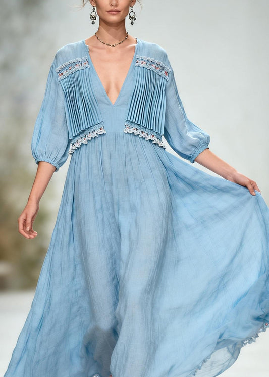 Loose Blue V Neck Wrinkled Patchwork Cotton Long Dress Summer