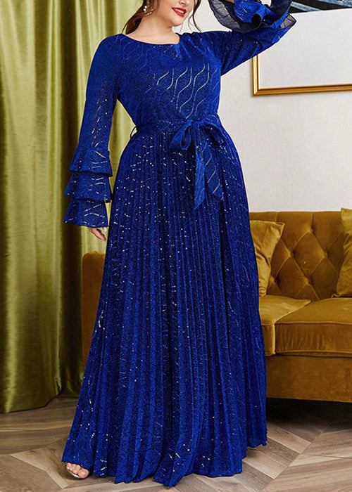 Loose Blue Wrinkled Lace Up Silk Velvet Long Dress Flare Sleeve