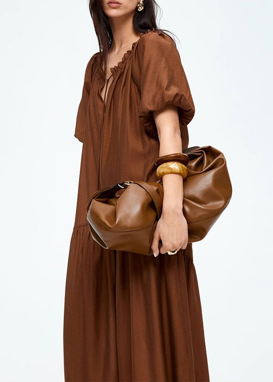 Loose Brown Ruffled Lace Up Cotton Long Dress Summer