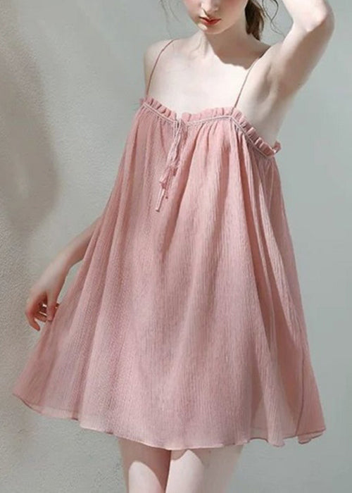 Loose Brown Ruffled Lace Up Spaghetti Strap Dress Sleeveless