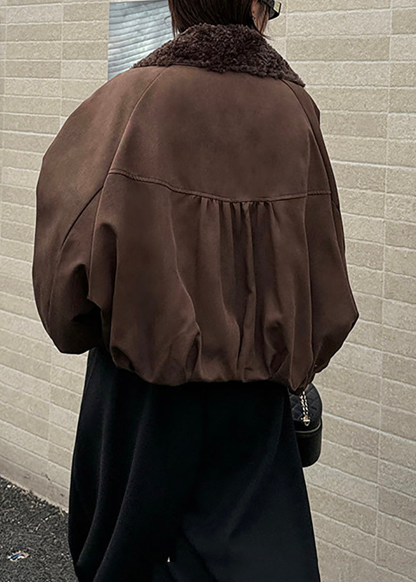 Loose Brown Teddy Faux Fur Turn-Down Collar Pockets Puffer Jacket Winter