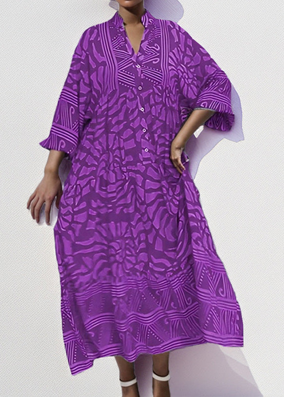 Loose Brown V Neck Print Cotton Long Dresses Spring