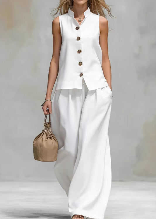 Loose Brown V Neck Top And Pants Cotton 2 Piece Outfit Sleeveless