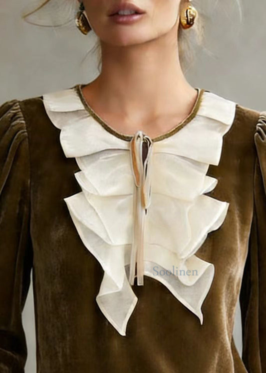 Loose Camel Ruffled Lace Up Patchwork Silk Velour Top Fall