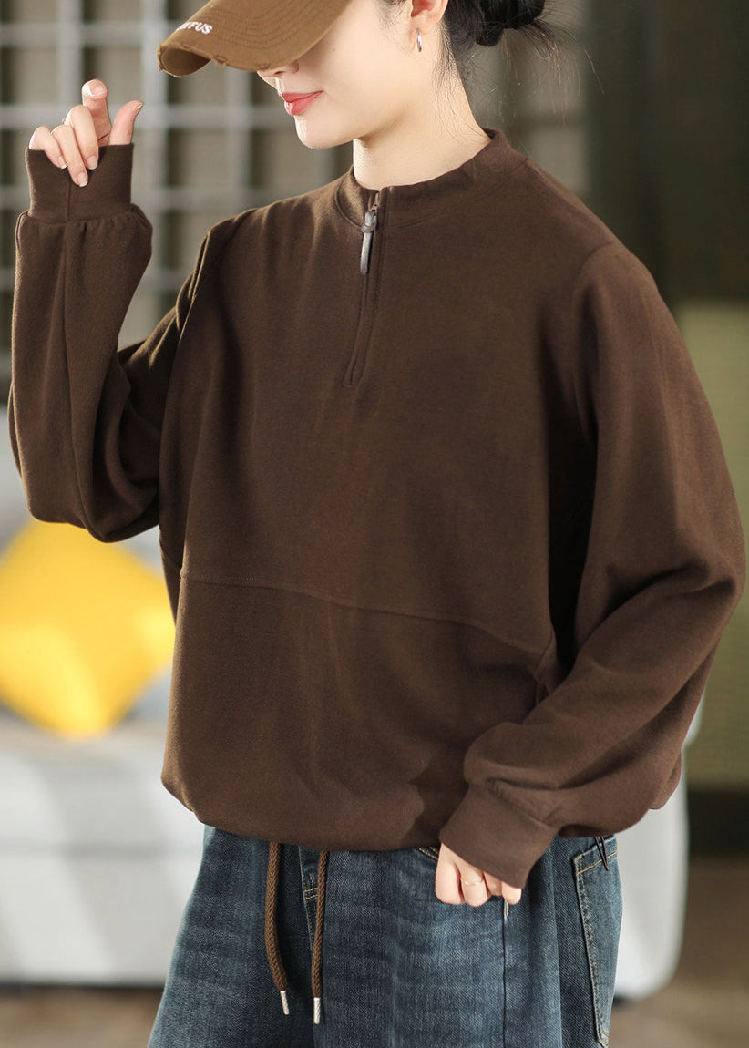 Loose Camel Zip Up Drawstring Patchwork Cotton Tops Fall